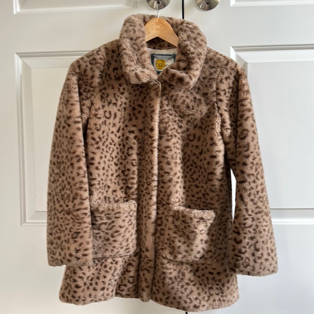 Mini Boden Faux Fur Leopard Print Coat size 11-12 Girl-exclusive